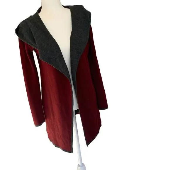 BNCI by Blanc Noir Red Wool Blend Hooded Long Sleeve Long Line Cardigan Sweater - Picture 5 of 10